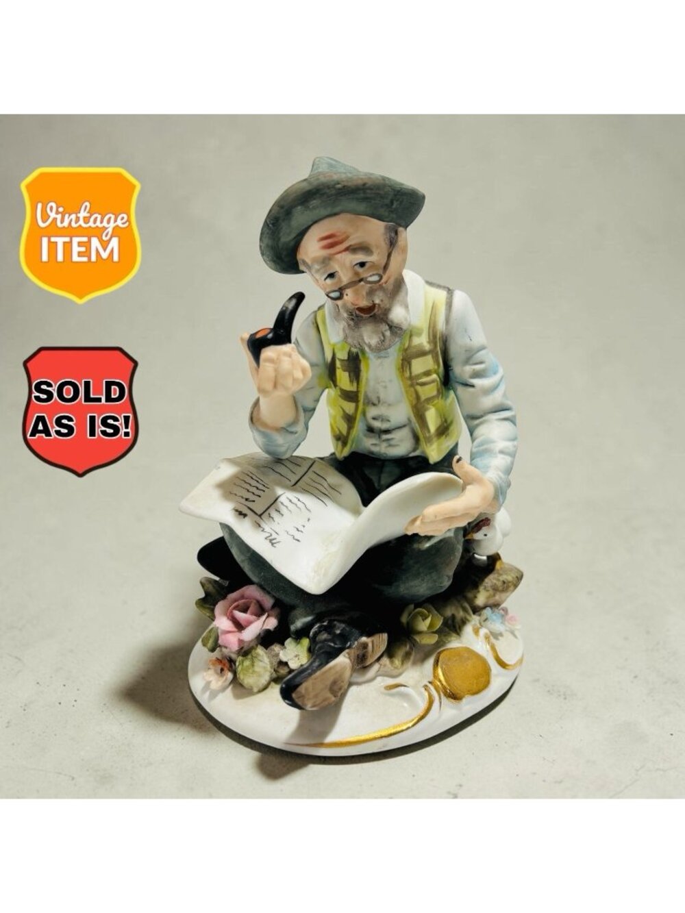 Vintage Lefton Old Man Reading Newspaper Figurine. #2436